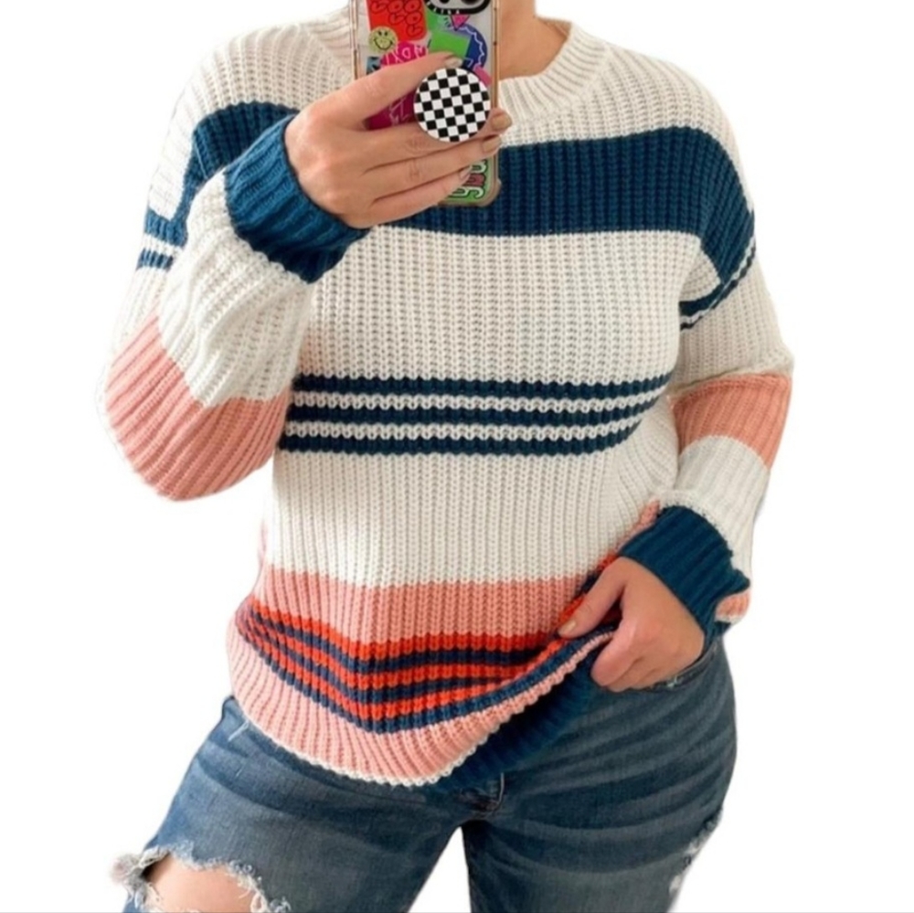Zesica Oversized Chunky Knit Crew Neck Striped Sweater - Size Small